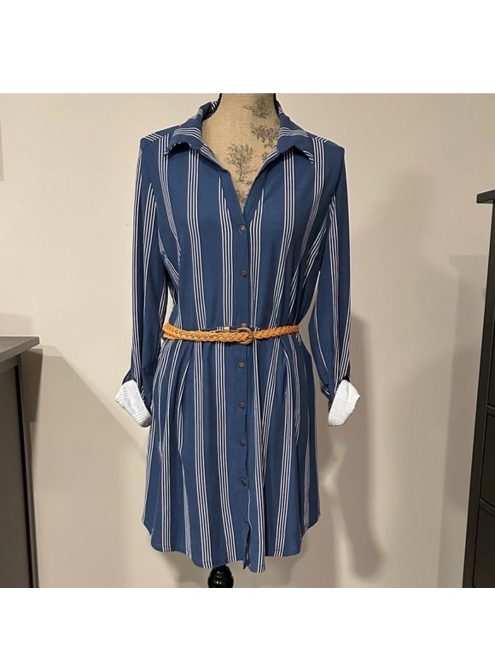 Blue/white Striped Shirt Dress with braided Belt roll up sleeves Size medium